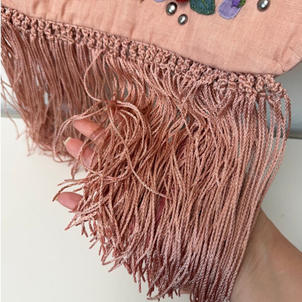 NWOT Valentino Garavani Nellcôte Pink Linen Floral Fringe Crossbody Bag - Picture 7 of 16